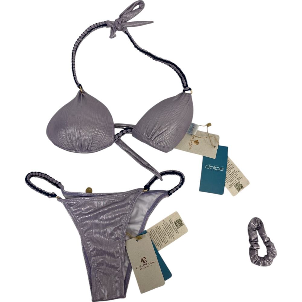$120.00 Macrame Two Piece Halter Bikini Set Lavender Swimwear Womens Medium NWT